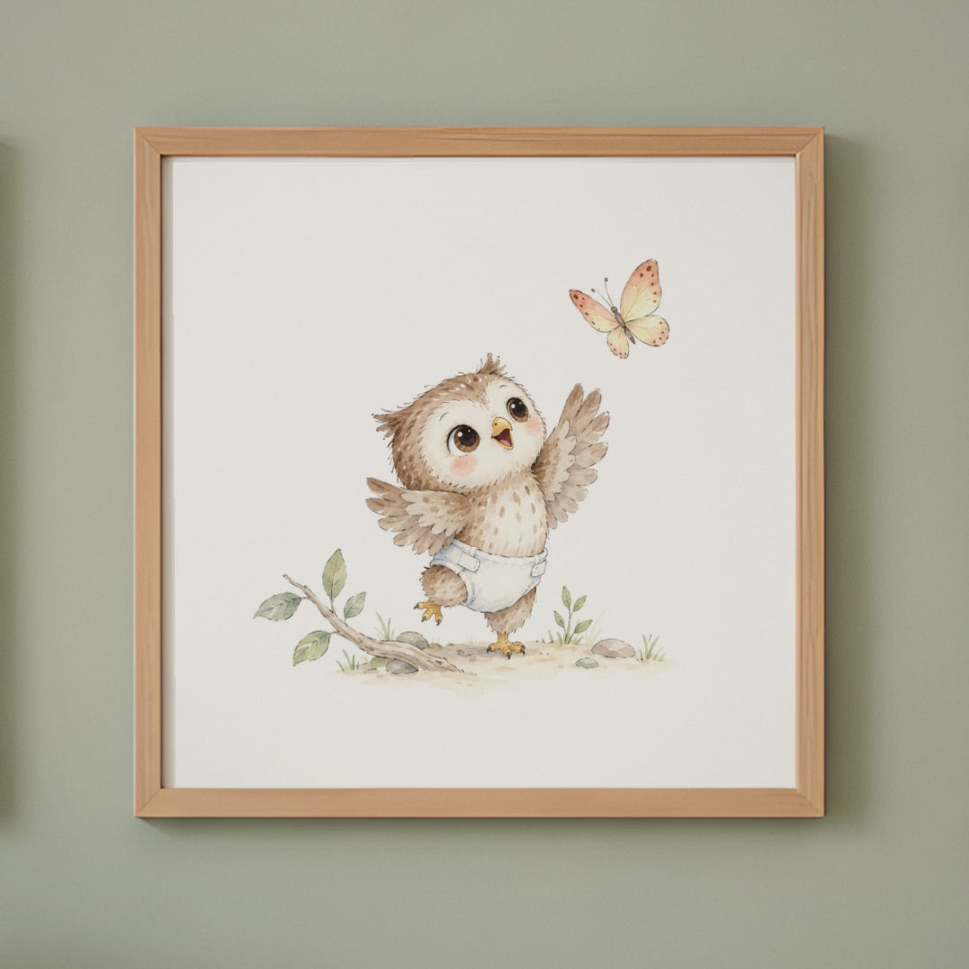 Bébé hibou en couche blanche essaie d’attraper un papillon