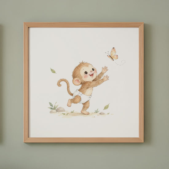 Bébé singe en couche blanche tend la main vers un papillon