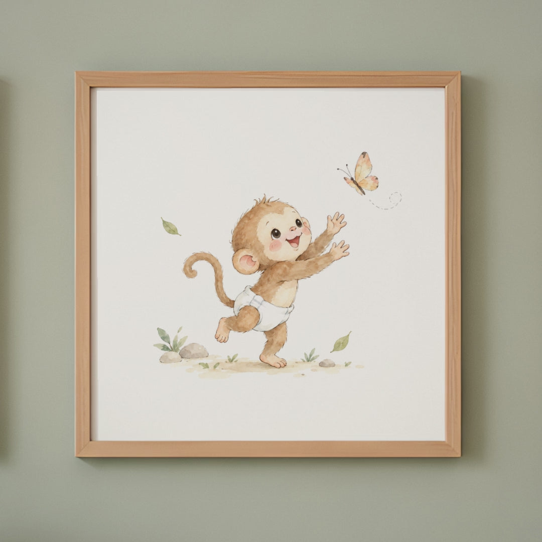 Bébé singe en couche blanche tend la main vers un papillon