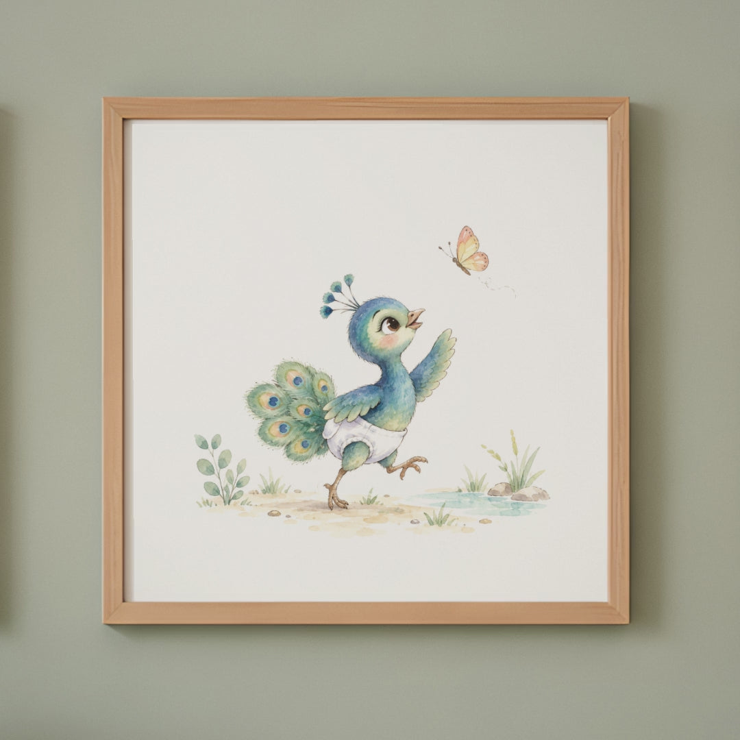 Bébé paon en couche blanche à la poursuite d’un papillon