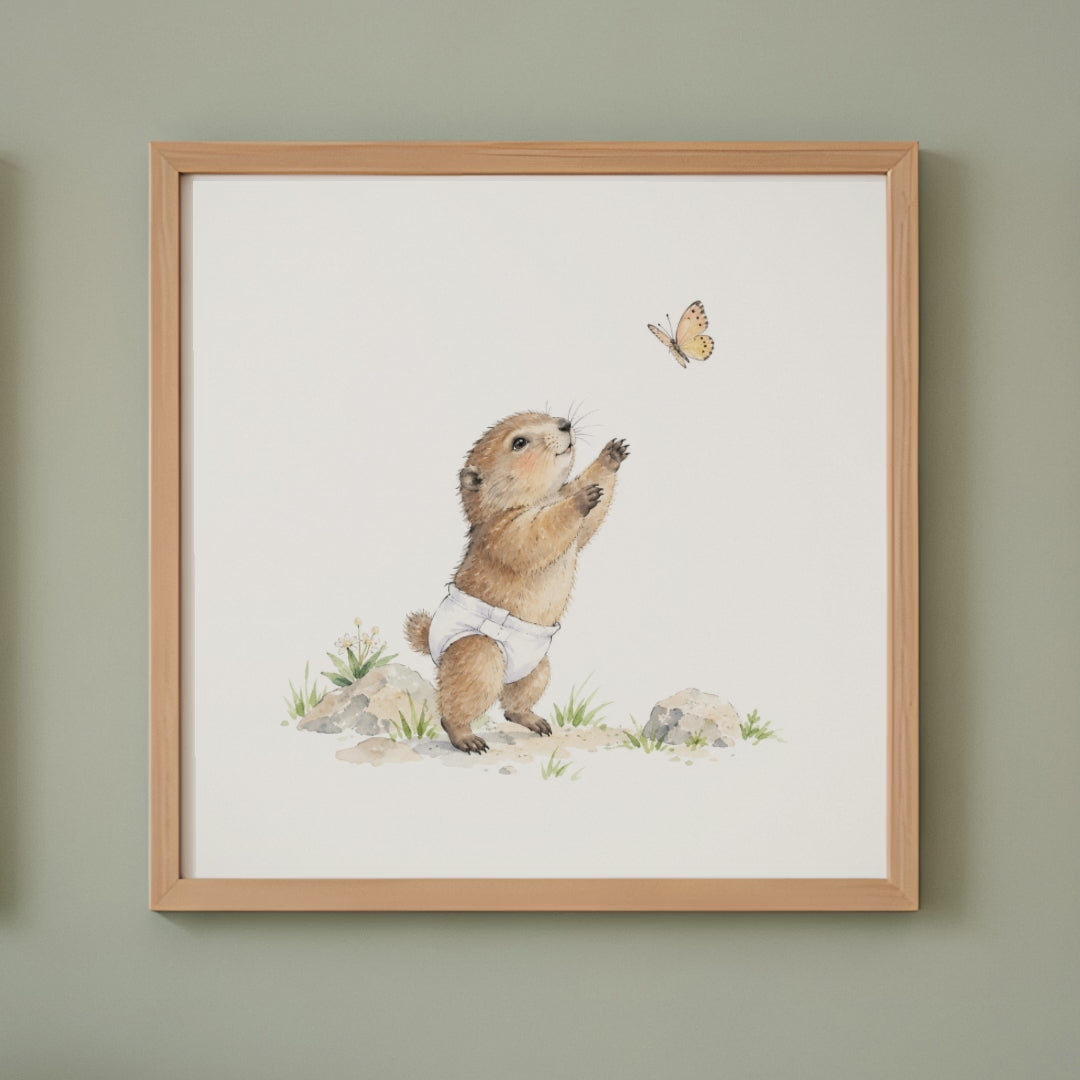 Bébé marmotte en couche blanche essaie de saisir un papillon