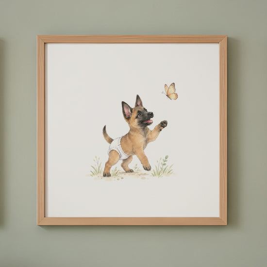 Chiot malinois en couche blanche bondit pour attraper un papillon