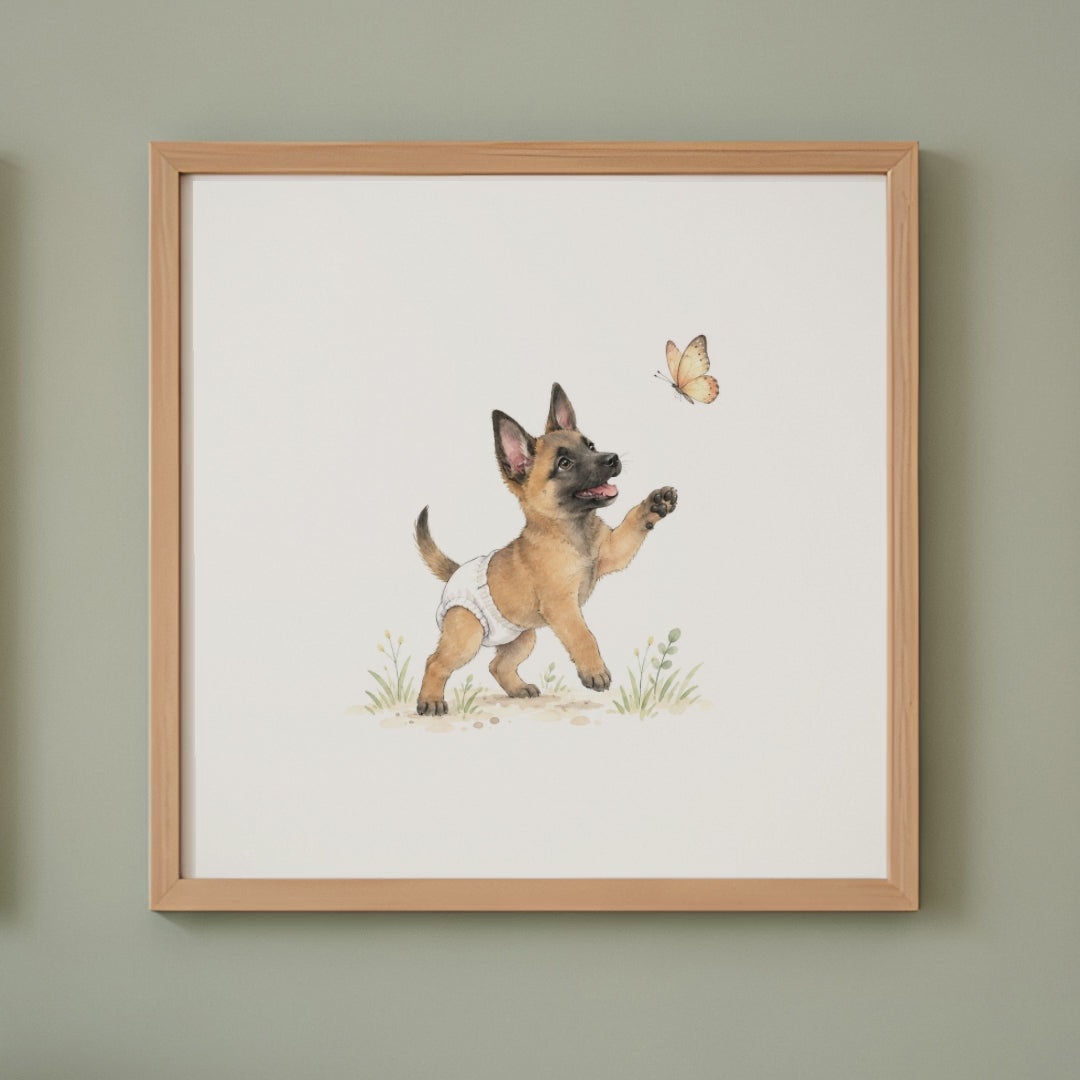 Chiot malinois en couche blanche bondit pour attraper un papillon