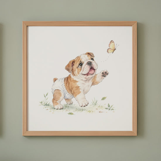 Bébé bouledogue anglais en couche blanche tente de saisir un papillon