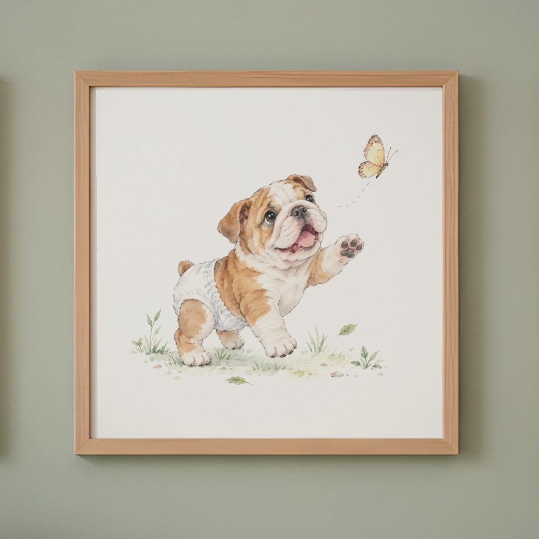Bébé bouledogue anglais en couche blanche tente de saisir un papillon