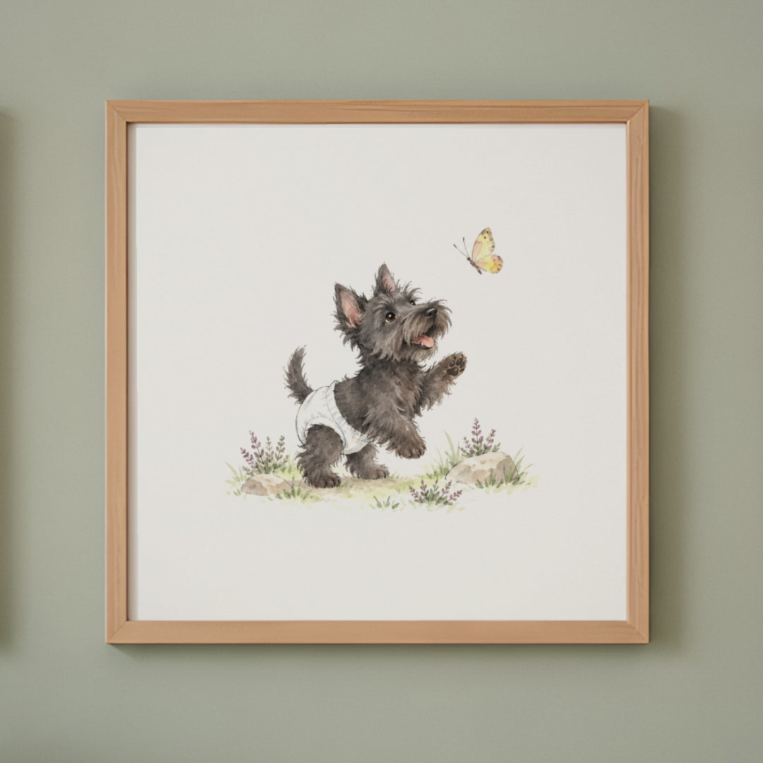 Bébé terrier écossais en couche blanche attrape un papillon au vol