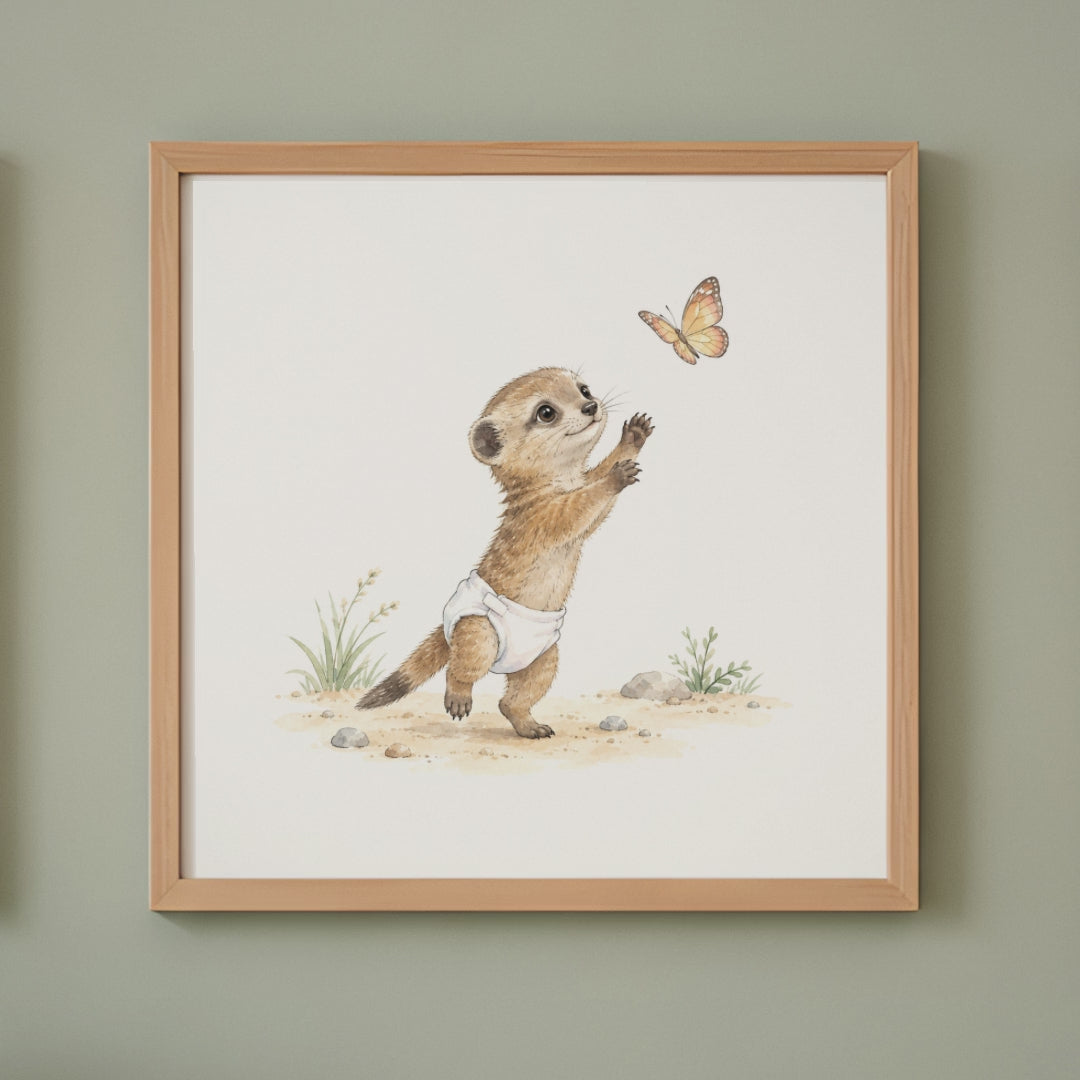 Petite mangouste en couche blanche à la poursuite d’un papillon