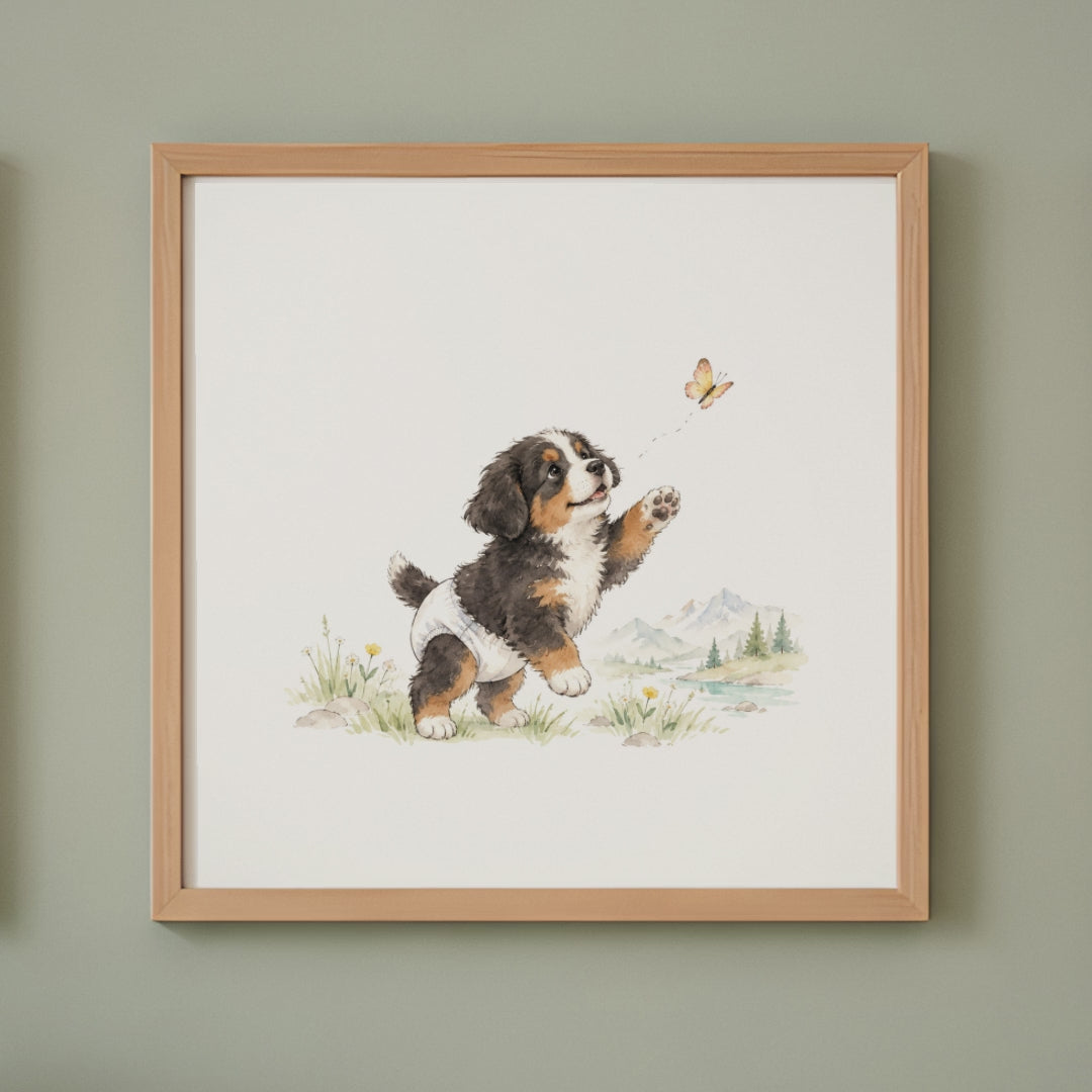 Petit bouvier bernois en couche blanche essaie d’attraper un papillon