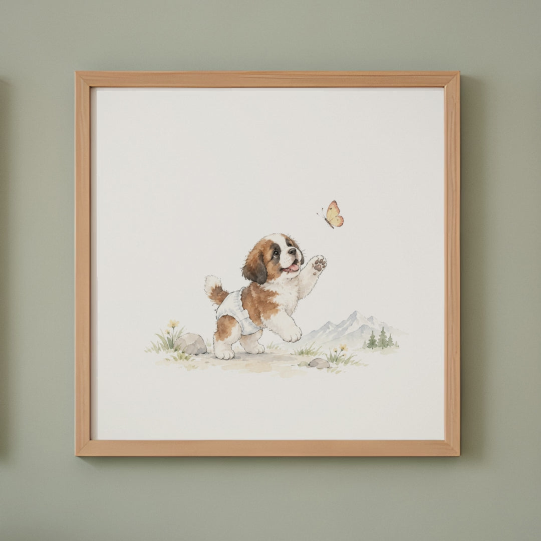 Bébé saint-bernard en couche blanche tente de saisir un papillon