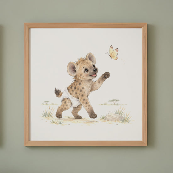 Petite hyène en couche blanche tente d’attraper un papillon