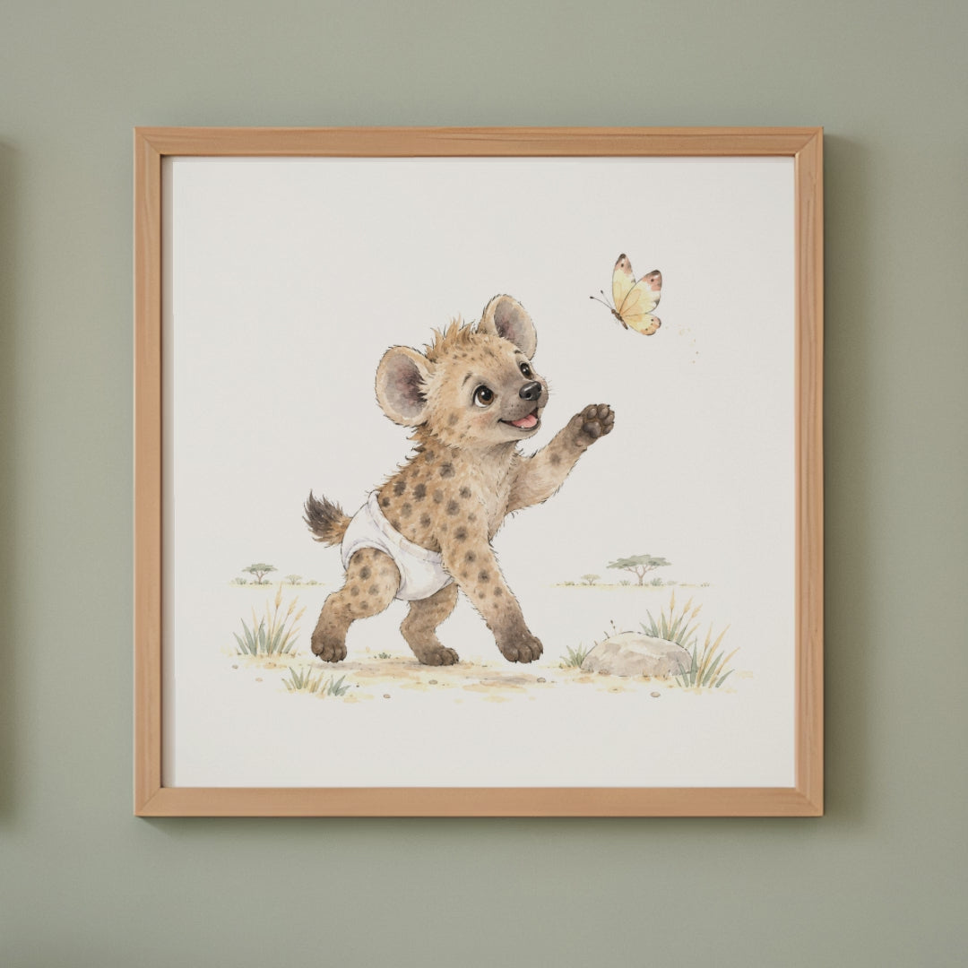 Petite hyène en couche blanche tente d’attraper un papillon