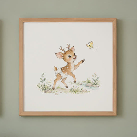 Bébé cerf en couche blanche poursuit un papillon dans les bois