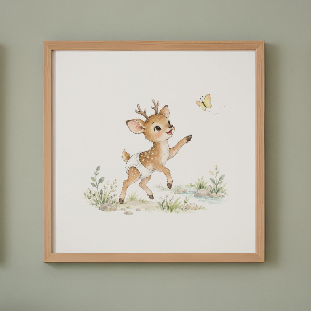 Bébé cerf en couche blanche poursuit un papillon dans les bois