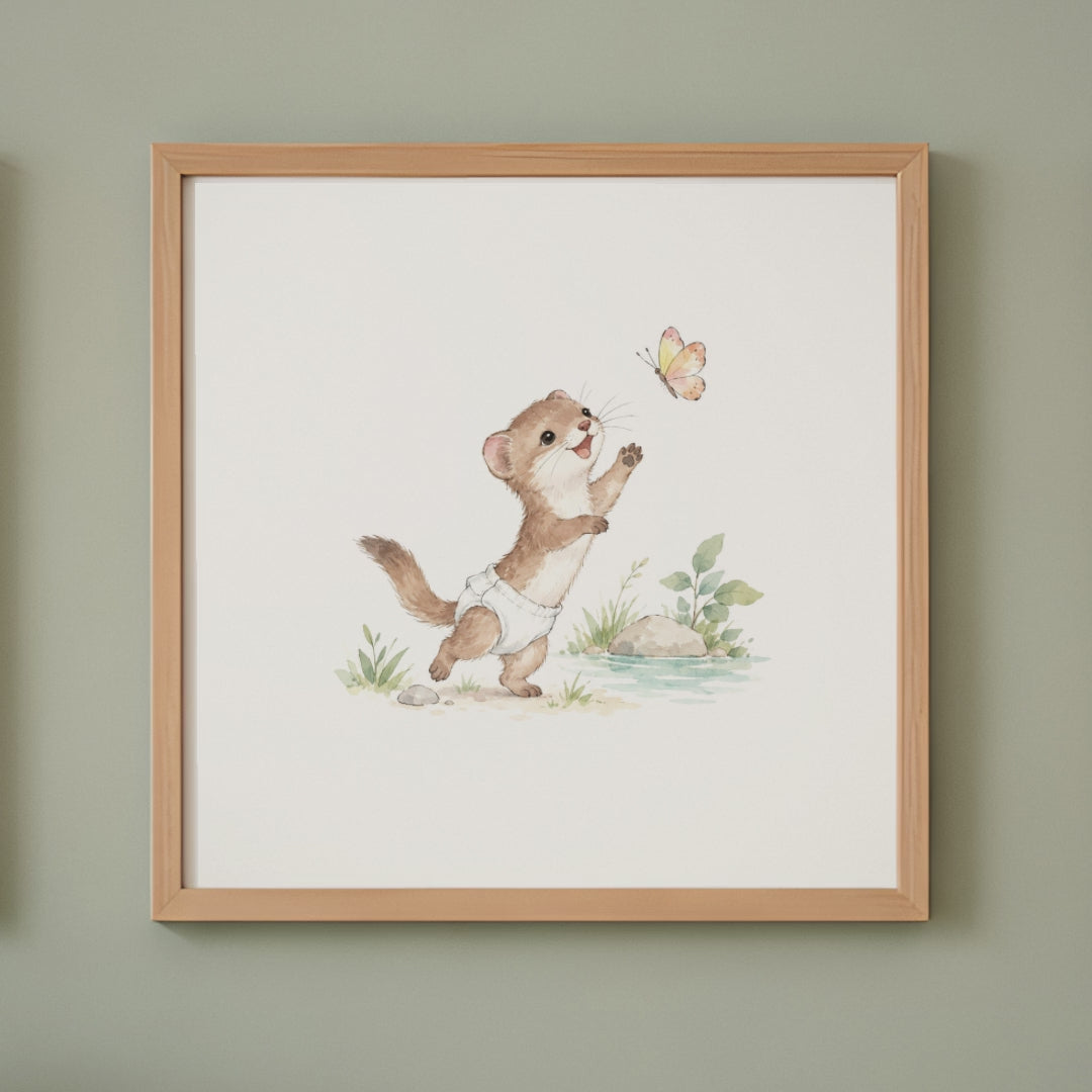 Petite belette en couche blanche tente d’attraper un papillon