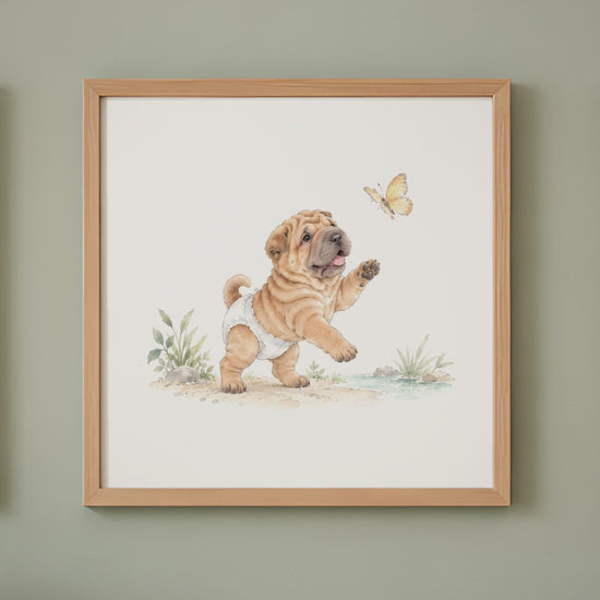 Bébé shar pei en couche blanche essaie d’attraper un papillon