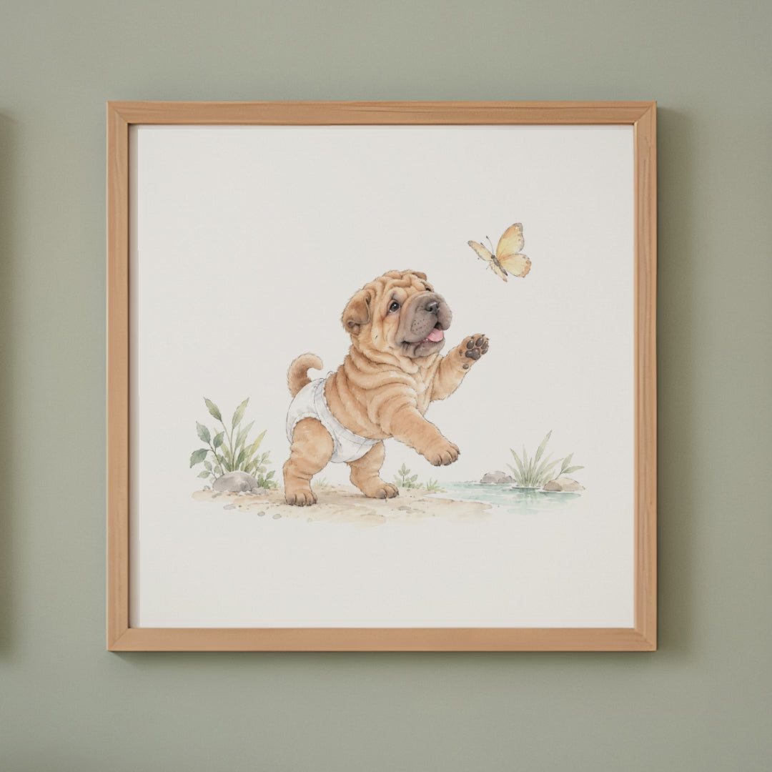 Bébé shar pei en couche blanche essaie d’attraper un papillon