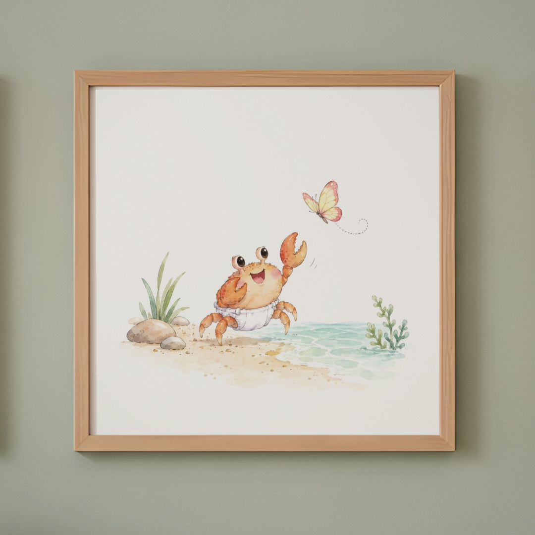 Bébé crabe en couche blanche lève ses pinces vers un papillon