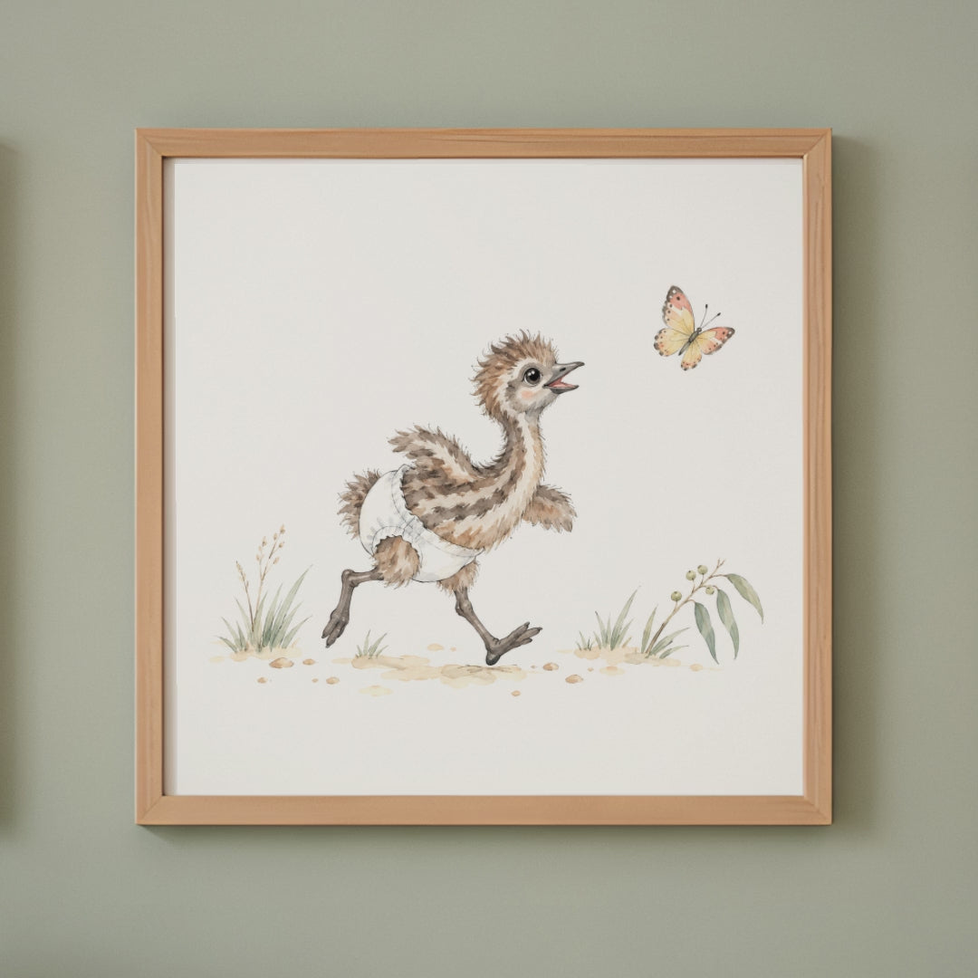 Bébé émeu en couche suit un papillon parmi les herbes