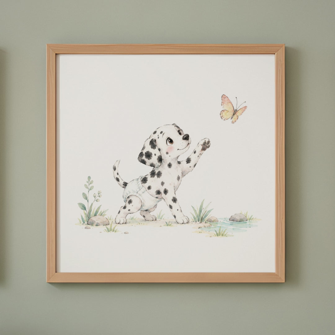 Bébé dalmatien en couche blanche tente d’attraper un papillon