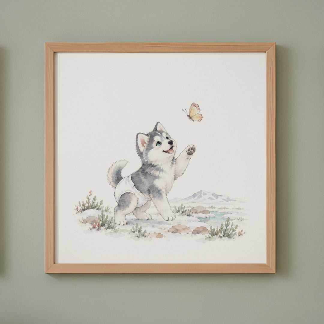 Petit husky de Sibérie en couche blanche à la poursuite d’un papillon