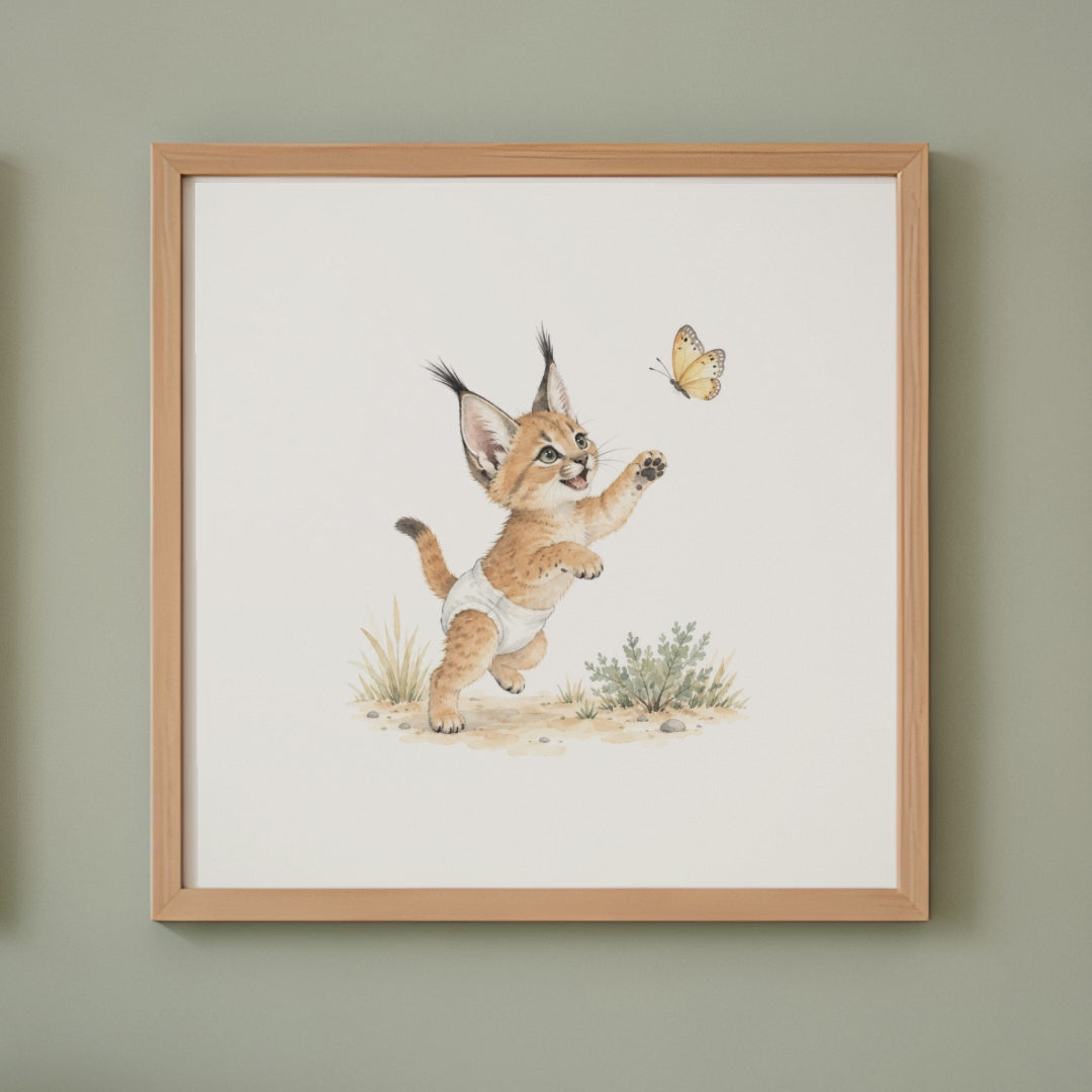 Bébé caracal en couche blanche essaie de saisir un papillon