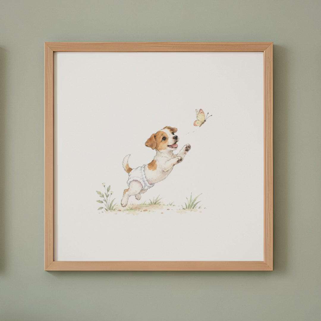 Petit jack russell en couche blanche à la poursuite d’un papillon