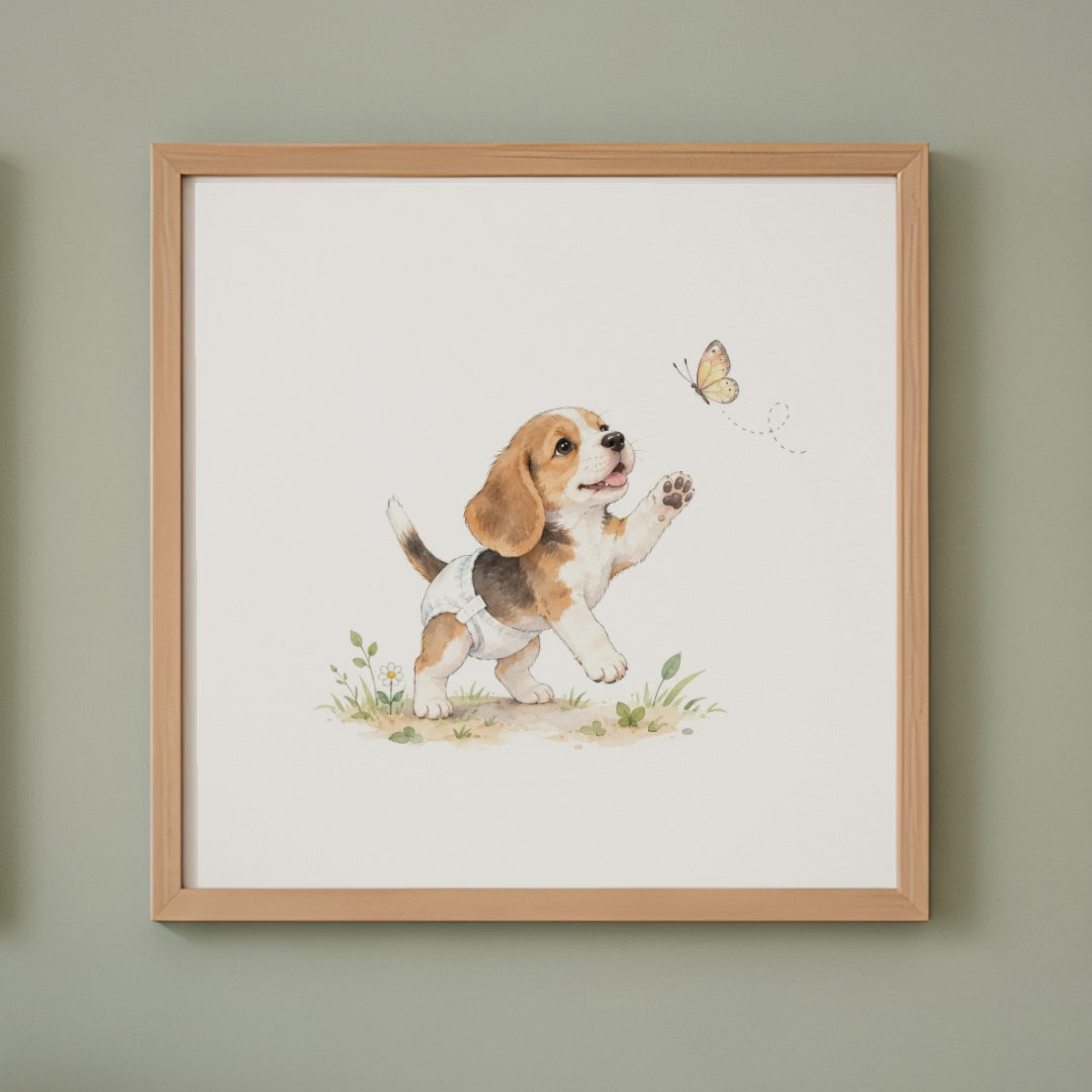 Bébé beagle en couche blanche tend les pattes vers un papillon