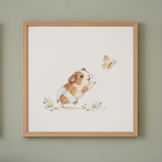 Bébé cochon d’Inde tend ses petites pattes vers un papillon