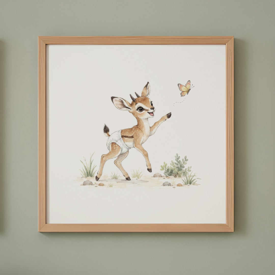 Bébé gazelle en couche blanche essaie d’attraper un papillon