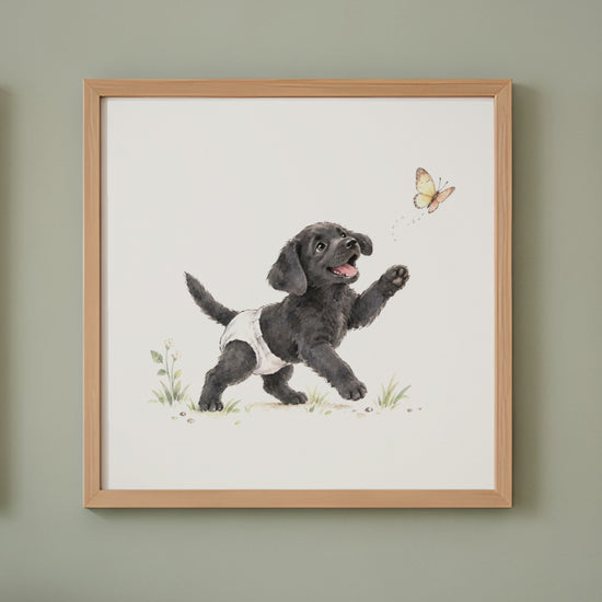 Chiot labrador noir en couche blanche court après un papillon