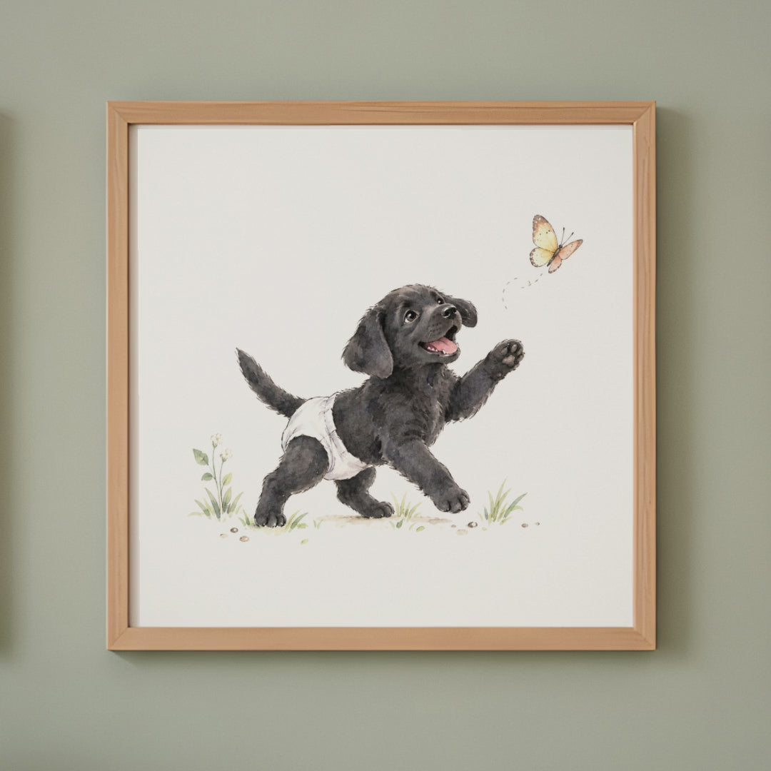 Chiot labrador noir en couche blanche court après un papillon