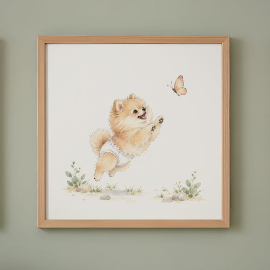 Bébé spitz nain en couche blanche essaie d’attraper un papillon