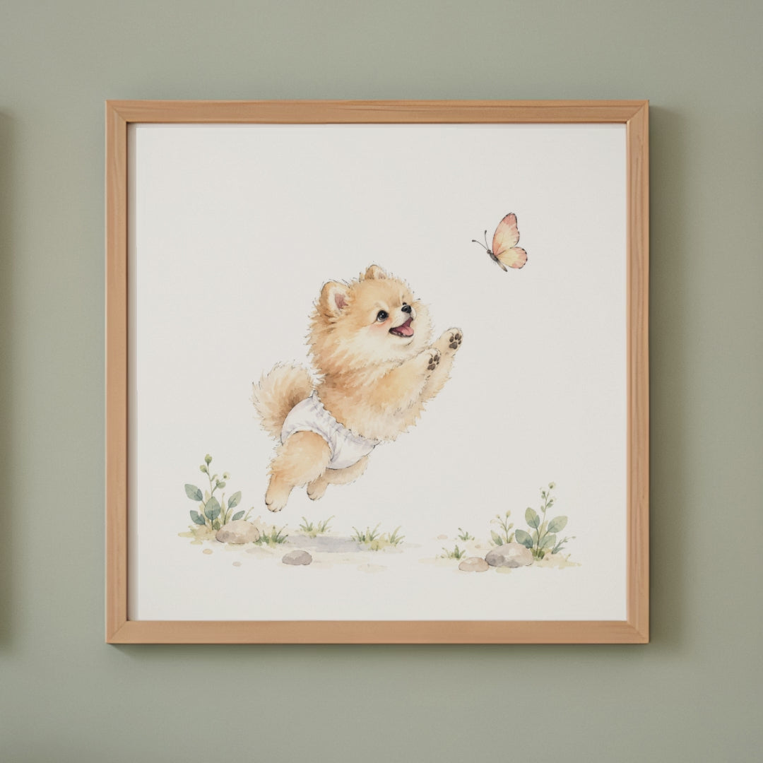 Bébé spitz nain en couche blanche essaie d’attraper un papillon