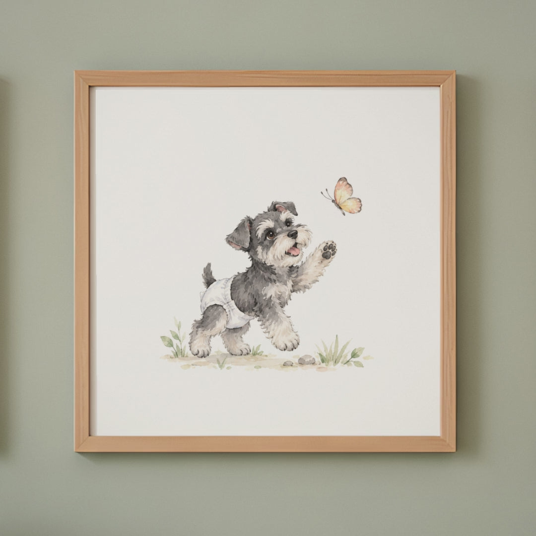 Chiot schnauzer nain en couche blanche à la poursuite d’un papillon