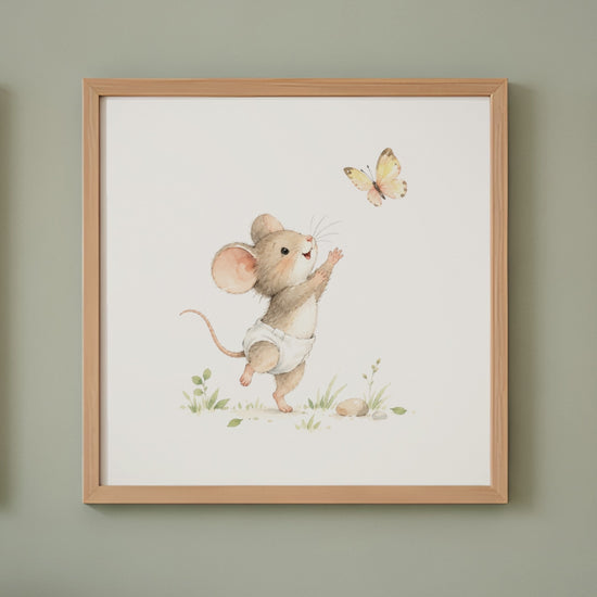Petite souris en couche blanche à la poursuite d’un papillon