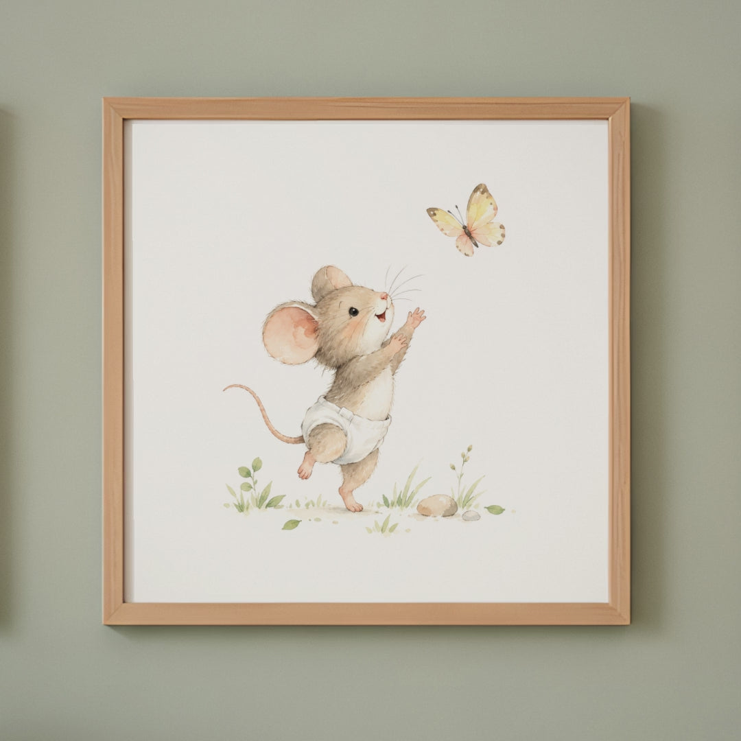 Petite souris en couche blanche à la poursuite d’un papillon