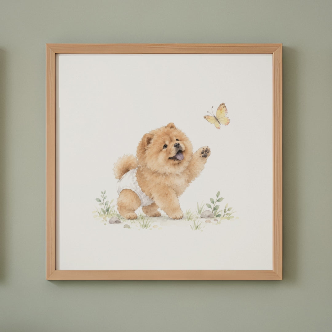 Petit chow chow en couche blanche essaie de saisir un papillon