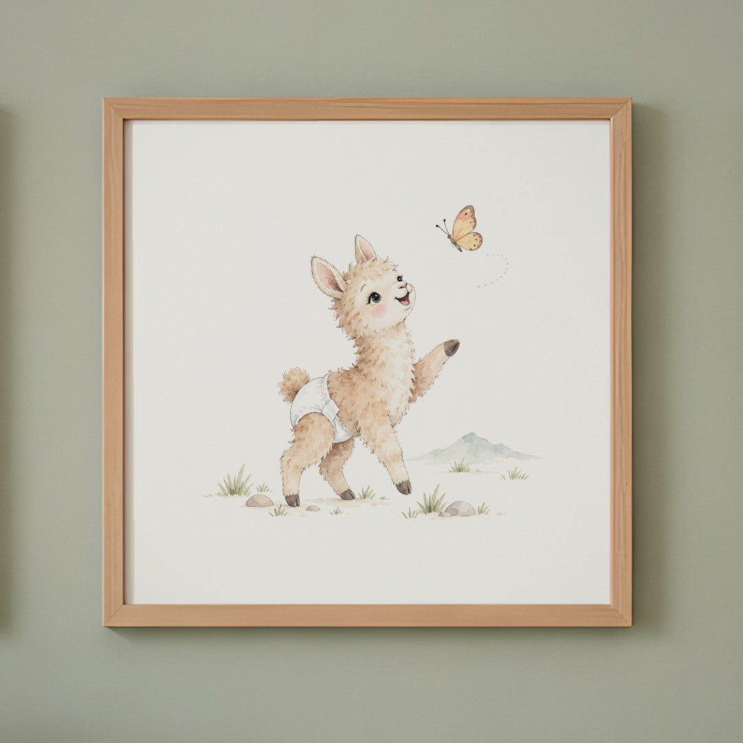 Bébé lama en couche blanche poursuit un papillon parmi les herbes