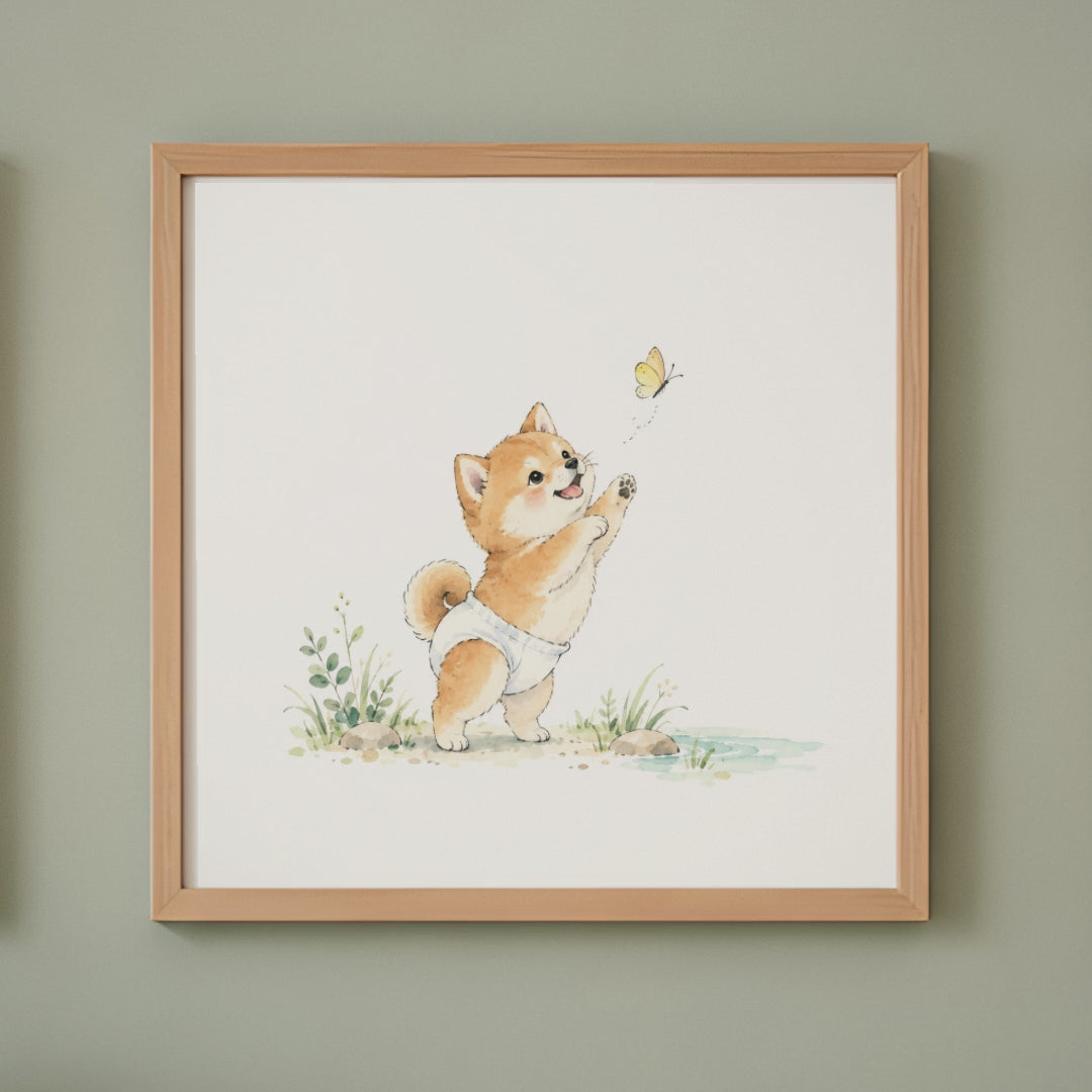 Bébé shiba inu en couche blanche à la poursuite d’un papillon