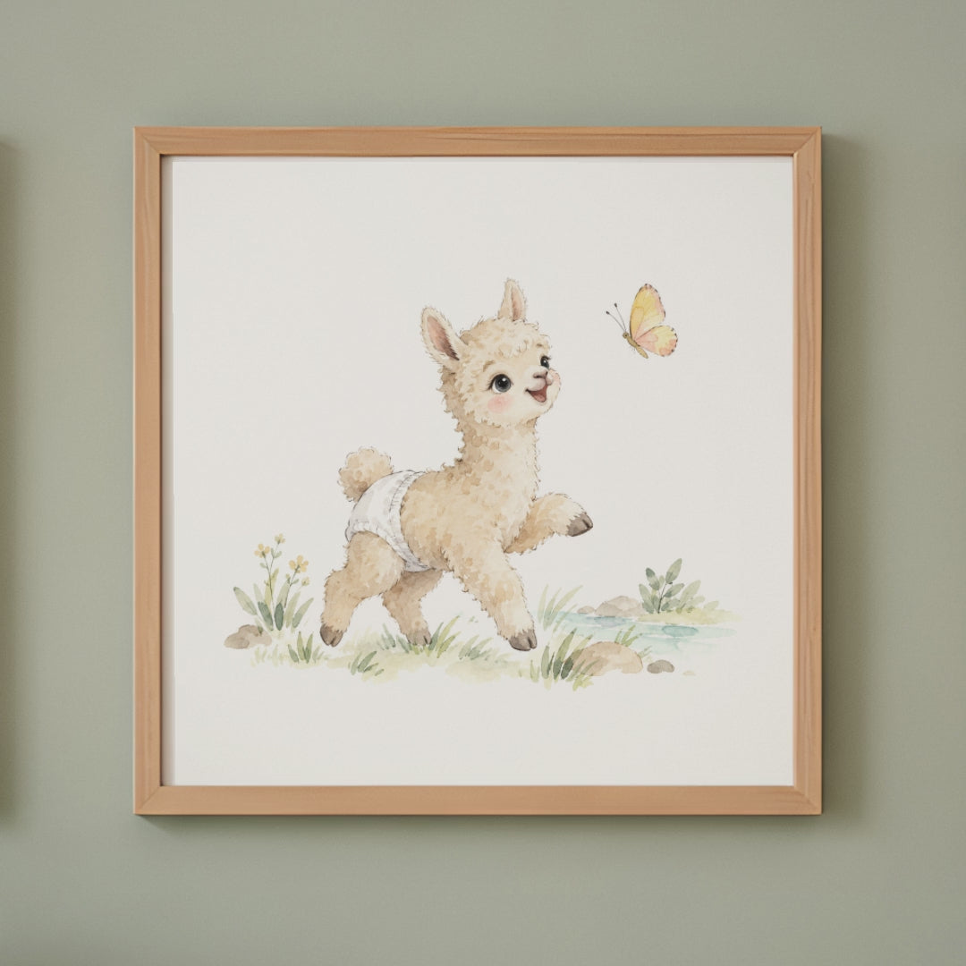 Bébé alpaga en couche blanche tend les pattes vers un papillon