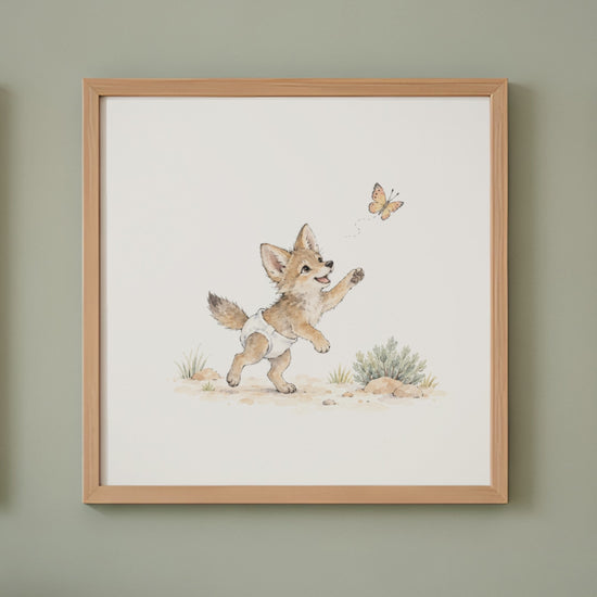 Bébé coyote en couche blanche suit un papillon dans les herbes