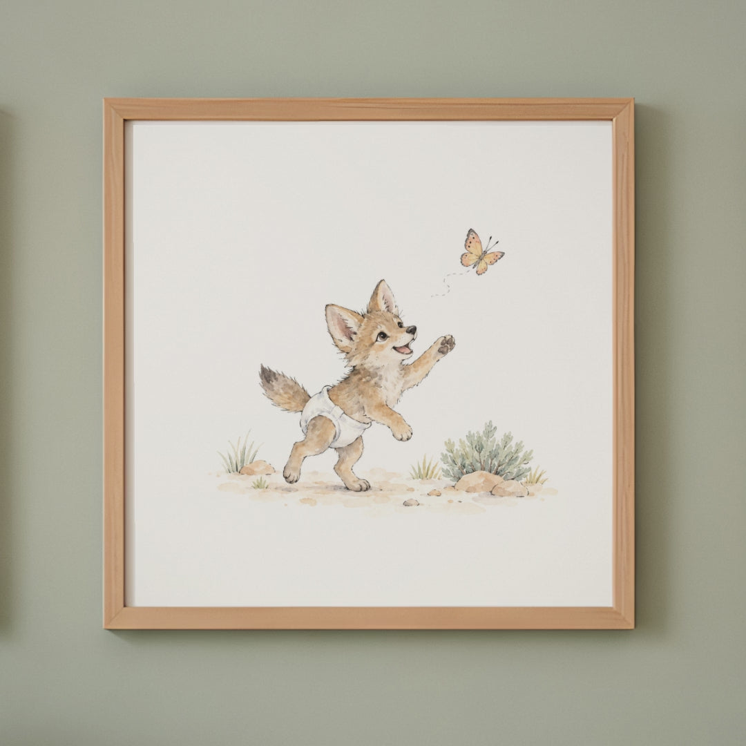 Bébé coyote en couche blanche suit un papillon dans les herbes