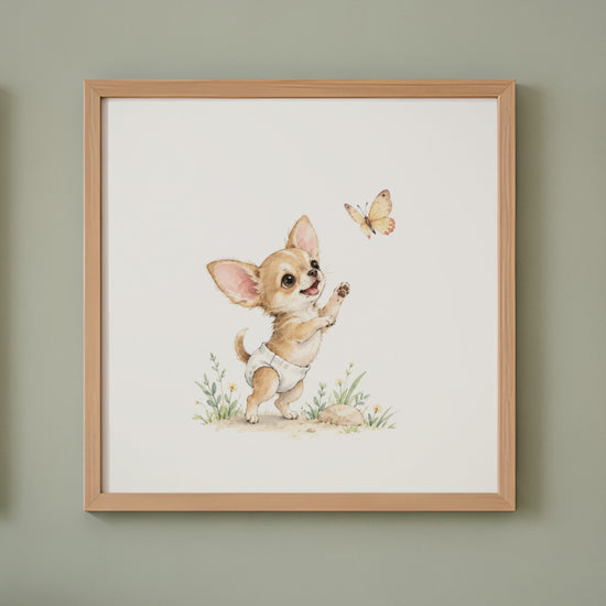 Petit chihuahua en couche blanche essaie de saisir un papillon