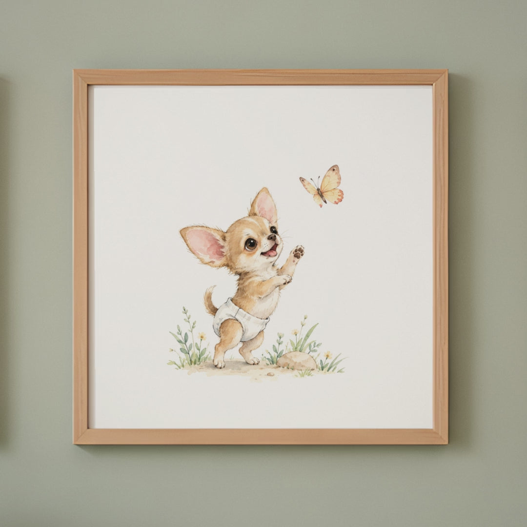 Petit chihuahua en couche blanche essaie de saisir un papillon