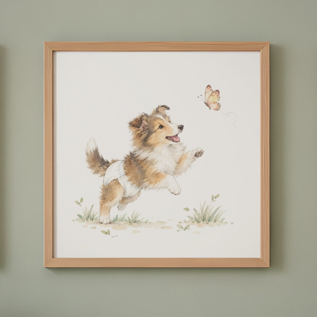 Chiot colley en couche blanche à la découverte d’un papillon