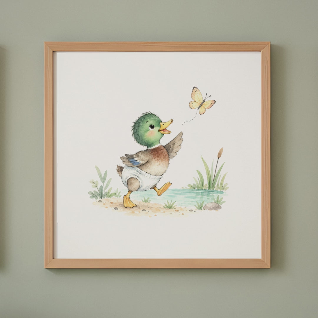 Bébé canard tend les ailes vers un papillon au bord de l’eau