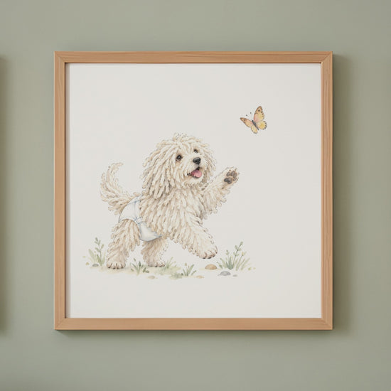 Bébé komondor en couche blanche joue à attraper un papillon