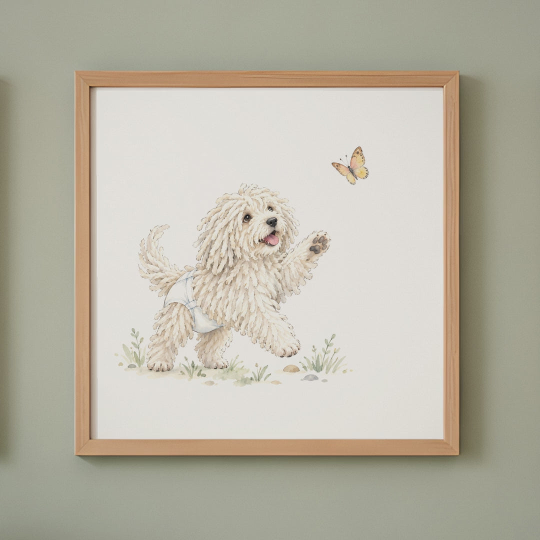 Bébé komondor en couche blanche joue à attraper un papillon