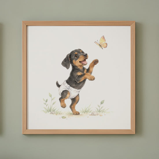 Petit dobermann en couche blanche tente de saisir un papillon