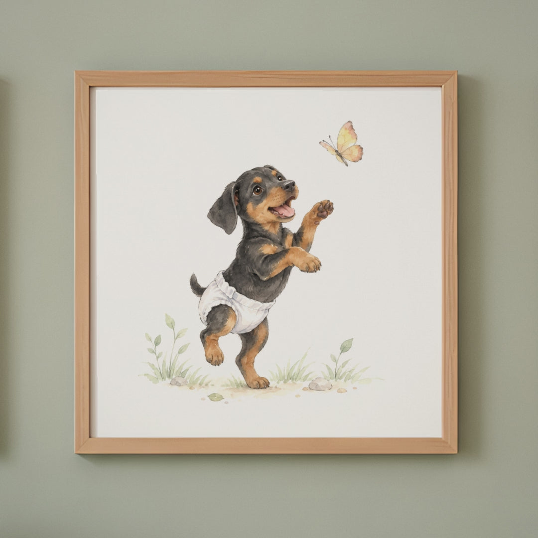 Petit dobermann en couche blanche tente de saisir un papillon